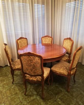 Tavolo rotondo in noce con 6 sedie e prolunga