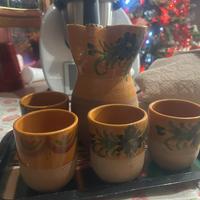 Set brocca + 4 bicchieri in ceramica dipinti