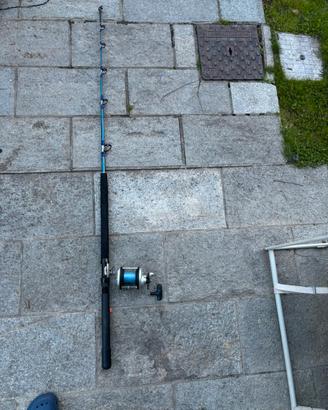 canna da pesca da traina con mulinello insieme