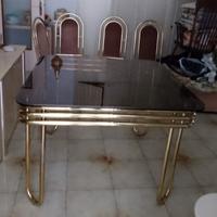 Tavolo vetro fumé + sedie velluto e acciaio dorato