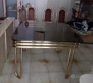 Tavolo vetro fumé + sedie velluto e acciaio dorato