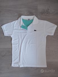 Polo Lacoste Bianca-Dettaglio Colletto Verde Acqua