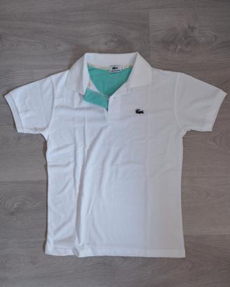 Polo Lacoste Bianca-Dettaglio Colletto Verde Acqua