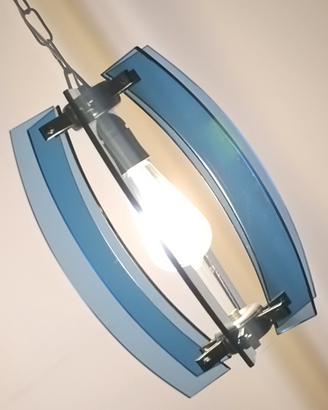 Lampadario Fontana Arte 1960 Vetro Blu E Metallo