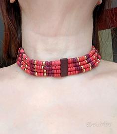Collana choker nuova legno e cuoio