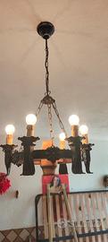 coppia lampadari  in legno e ferro battuto 