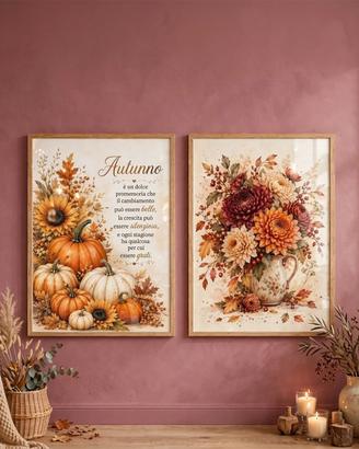 Set 2 Poster Decorativi Fiori Vaso Zucche Wall Art