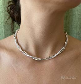 Collana girocollo doppia perline e cubetti argento