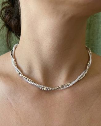 Collana girocollo doppia perline e cubetti argento