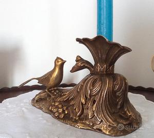 Portacandele ottone con uccellino e fiori vintage