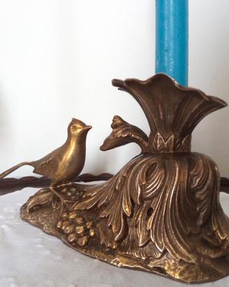 Portacandele ottone con uccellino e fiori vintage