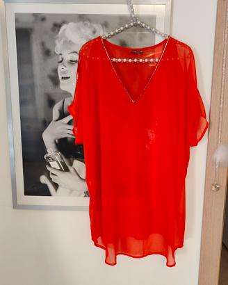 Blusa Caftano Rosso Fluido in Chiffon Taglia S/M