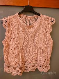 TOP VEZZOSO in pizzo/macramè rosa antico tenue