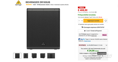 BEHRINGER DR18SUB SUBWOOFER ATTIVO 18" 2400W Nuovo