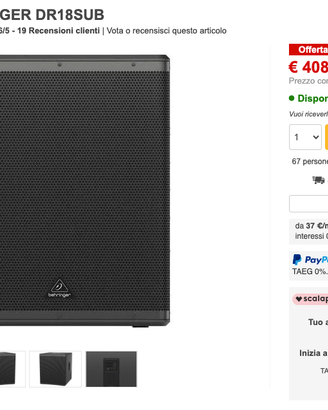 BEHRINGER DR18SUB SUBWOOFER ATTIVO 18" 2400W Nuovo