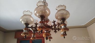 Lampadario vintage 6 luci ceramica e vetro 