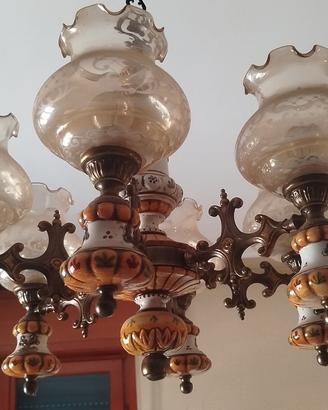Lampadario vintage 6 luci ceramica e vetro 