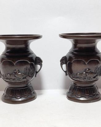 Coppia Vasi Bronzo Meiji Giappone 10.2 cm Fine XIX