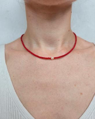Collanina in acciaio con perline corallo bamboo