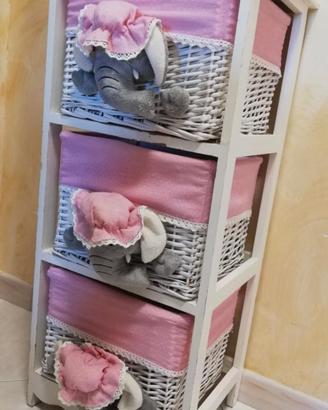 Cassettiera bimba con elefantino e ceste in vimini