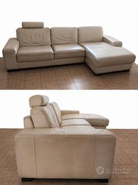 Divano angolare, vera pelle beige, chaise longue 