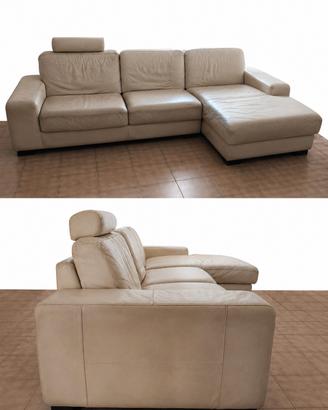 Divano angolare, vera pelle beige, chaise longue 
