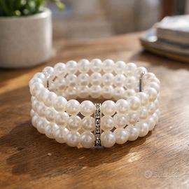 Bracciale perle bianche, elasticizzato, elegante