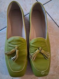 Macassini in vera pelle verdi con nappine