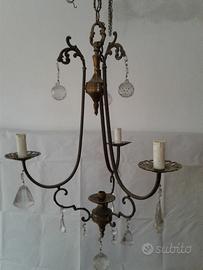 Antico lampadario a sospensione in ottone 3 bracci