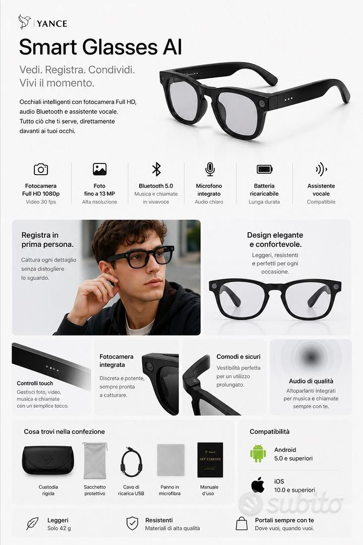 Occhiali Smart AI Bluetooth con Fotocamera Full HD