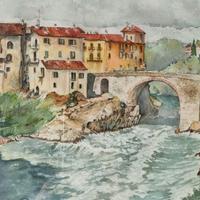 acquerello. La Dora Baltea in piena. Ponte vecchio