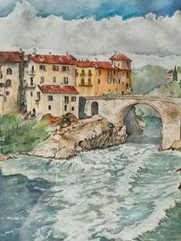 acquerello. La Dora Baltea in piena. Ponte vecchio