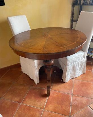 Tavolo tondo antico in noce con intarsio fine '800