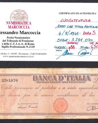 Titolo provvisorio lire 10.000 del 1945 testina