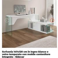 Scrivania a L in legno bianco e vetro