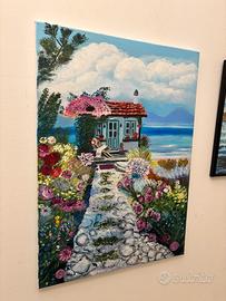 Quadro artistico dipinto a mano, casa sul mare