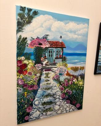 Quadro artistico dipinto a mano, casa sul mare