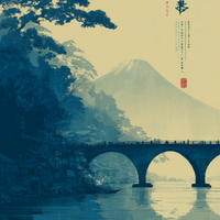 Poster Fuji Ponte Giappone Ukiyo-e Blu A3