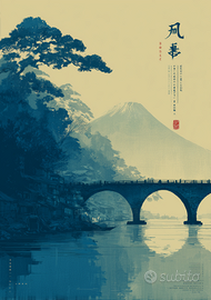 Poster Fuji Ponte Giappone Ukiyo-e Blu A3
