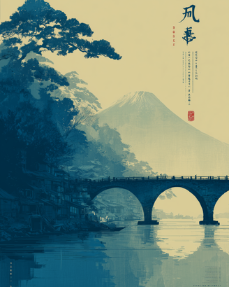 Poster Fuji Ponte Giappone Ukiyo-e Blu A3