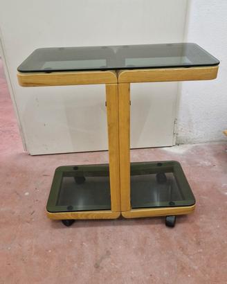 Tavolino vintage anni ’70 in legno e ripiani vetro