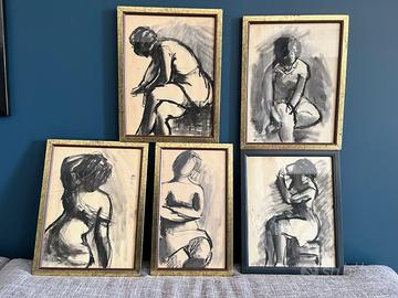 5 disegni su carta splendidamente  incorniciati