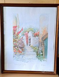 litografia M Marten  "vicolo di paese in fiore"