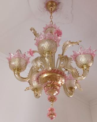 Lampadario Vetro murano ambra dorata rosa rubino