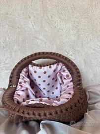 clutch marrone con fodera a pois rosa (handmade)