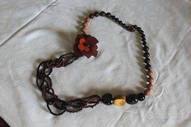 Collana lunga in bacalite colori bordeaux e ocra