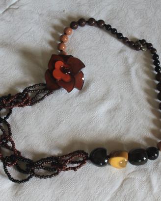 Collana lunga in bacalite colori bordeaux e ocra