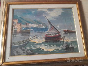 dipinto originale pittore villa  mare paesaggio