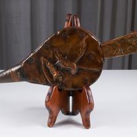 Antico soffietto da camino decorato, legno e rame