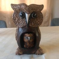 Statuine artigianali di legno mamma e bambino gufo